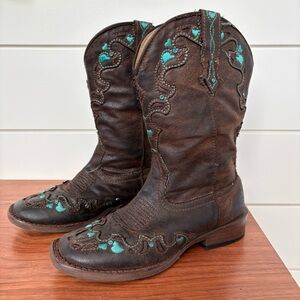 Roper Girls Hearts Faux Leather Brown Boots Teal Embroidery Cowgirl Western 13